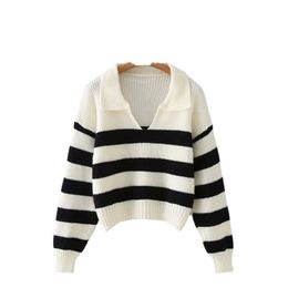 TRAF Women Fashion Striped POLO Collar Loose Knit Sweater Retro Long Sleeve Pullover Streetwear 211018