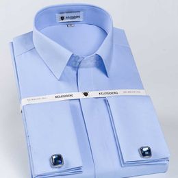 Men's French Front Hidden Buttons Office Dress Shirt Pocketless Spread-collar Standard-fit Long Sleeve Wedding Party Shirts 210708