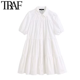 TRAF Women Sweet Fashion Ruffled White Mini Dress Vintage Lapel Collar Puff Sleeve Female Dresses Chic Vestidos Mujer 210415