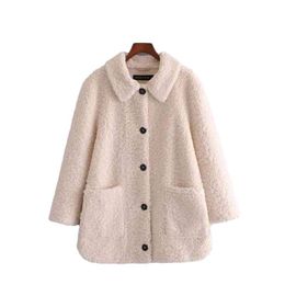 Streetwear Women Grain Cashmere Coats Fashion Ladies Button Pocket Loose Outercoat Causal Female Turn Down Collar Coat 210427