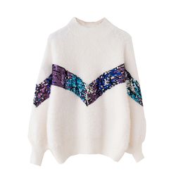 Women Sweater Knitted Mohair Pullovers Puff Sleeve Bling White Sequined Turtleneck Geometric Loose Winter M0052 210514