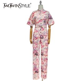 Print Letter Jumpsuit For Women O Neck Short Sleeve High Waist Sashes Hit Color Casual Jumpsuits Female Fashion 210521