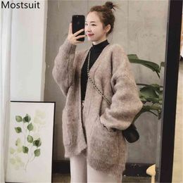 Korean Casual Women Cardigans Sweaters Autumn Winter Long Sleeve Pockets Loose Tops Fashion Solid Female Femme 210513