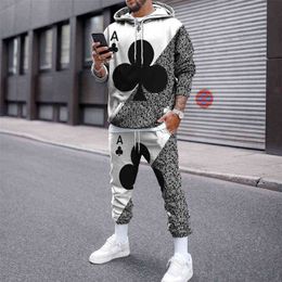 New Striped Playing Cards Autumn/Winter Long Sleeve Sweater + Pants 2-piece Fashion Sports 3D Printing Suit Men's Clothes Trend G1209