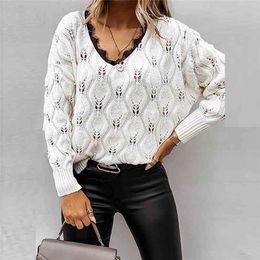 Casual V-Neck Patchwork Lace Sweaters Jumpers Women Hollow Out Lady Knitted Sweater Autumn Winter Long Sleeve Tops Pullover 210914