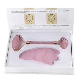 2021 Rose Quartz Roller Double Head pink jade facial roller Massager welded integrated metal with gift box and guasha board