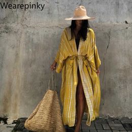 Sexy Bikini Cover-ups Women 2021 Printed Fringed Tied Long Kimono Boho Coverup Swimwear Tunic Beach Swimsuit Cover Ups Women X0726