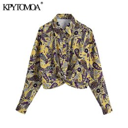 Women Fashion Paisley Print Cropped Knotted Blouses Long Sleeve Button-up Female Shirts Blusas Chic Tops 210420