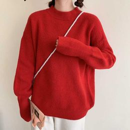 LY VAREY LIN Autumn Winter Women Knitted Warm Red Pullover Sweaters Solid Sweet Loose Elegant Office Lady Casual Tops 210526