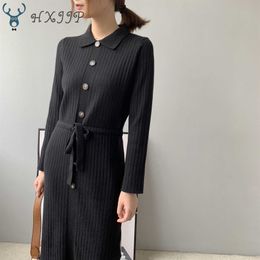 Spring Autumn Women Sweater Dress Vertical Slim Long Sleeve Knee-Length Turn-down Collar Lapel Knitted 210607