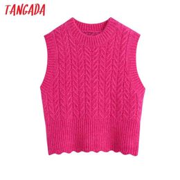Women pink Twist Crop Knitted Vest Sweater 0 Neck Sleeveless Female Waistcoat Chic Tops BE112 210416