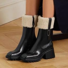 superior quality luxury designers women Half Boots Mixed Color wool Square Toes Rainboots chunky heels platform shoes combat Ankle boot Mart