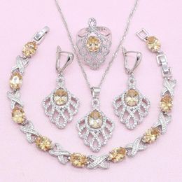 Earrings & Necklace Champagne Semi-precious Stone Exquisite Silver Color Jewelry Sets For Women Bracelet Pendant Ring Gift Box