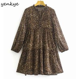 Vintage Leopard Mini Dress Women Lace Up V Neck Long Sleeve Casual Chiffon Summer Female Plus Size Short Vestido 210430