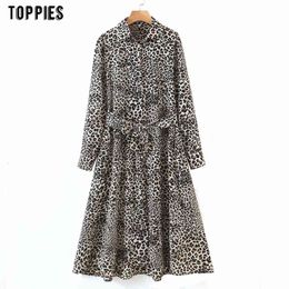 Toppies dresses for women party leopard print feminine with belt long sleeves with shirt collar spring and autumn dress 210412
