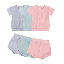 2021 Baby Summer Clothing Sets Toddler Girl Boy Clothes Set Short Sleeve Tops T-shirt + Shorts Pants Ribbed Solid Outfits 1-4T