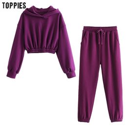 Casual Cropped Sweatshirts Woman Pullover Hoodies Female Tracksuits Elastic Waist Jogger Pants 210421