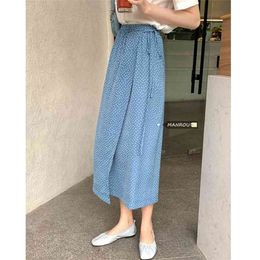 DOT Print Ruffle Pleated Long Skirts Summer Women Korean Style Streetwear Drawstring Elastic Waist Midi Skirt 210529