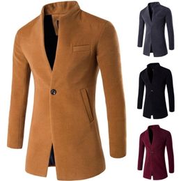 ZOGAA Wool Blends Coat Men Winter Long Coat Slim Cardigan Windbreaker One Button Mandarin Collar Casual Woolen Mens Overcoat 211122