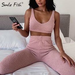 Lounge Sexy Women Knit Tank Tops Long Pants Suits Cosy Fuzz Winter Solid Women's Soft Fluffy Two Piece Sets Casual Outfits G1873 Y0625