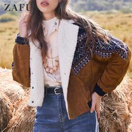 Jacket Coat Vintage Outwear Tunic Double Breasted Tribal Print Faux Shearling Panel Corduroy For Fall Winter 211014