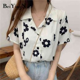 Women's Blouses Floral Printed Korean Summer Short Sleeve Chiffon Blusas Kawaii Loose Plus Size Shirts Female Top 210506