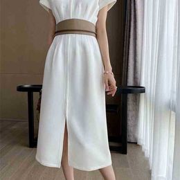 Women Elegant Office Dress Summer Short Sleeve Zipper Midi White Dresses Vestido Feminino French Ladies Party Long Robe 210525