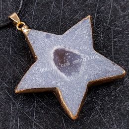 Healing Reki Gemstone Agate Druzy Pendant Necklace Gold Plated Irregular Star Moon Heart Shaped Natural Quartz Geode Drusy Stone Lucky Charm on Leather Rope Chain