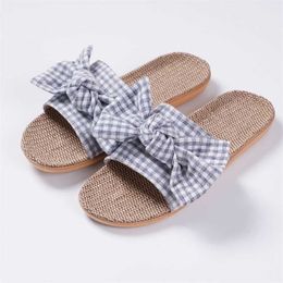 Flax Slippers Bow Hemp Summer Female Korean Cute Open Toe Sandals Flip Flops Shoe 211110