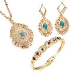 Earrings & Necklace Moroccan Fashion Necklace/Earrings/Bracelet Gold Plated Bridal Jewellery Green And Red Rhinestone Jewerly Sets For Women