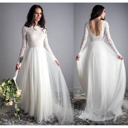 Bohemian Long Sleeve Wedding Dresses 2021 Full Lace Tulle Backless Jewel Country Summer Beach Bride Dress Robe de mariée