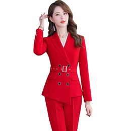 Asymmetric Size S-5XL Women Pant Suit With Belt Red White Black Two Pieces Set Triple Breasted Blazer For Winter 211105