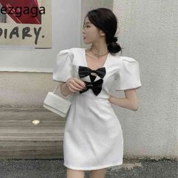 Ezgaga Chic Women Dress Puff Short Sleeve V-Neck Bow Summer New Korean Fashion A-Line High Waist Office Lady Sexy Vestidos Robe 210430