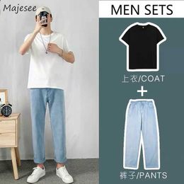Men Sets Solid Denim Trousers Large Size 3XL Summer Korean Fashion Leisure Simple Set Chic Male Teens All-match Ins BF Ulzzang X0909