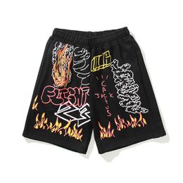 Catcus Jack Graffiti Streetwear Casual Shorts Mens Drawstring Straight Streetwear Terry Loose Knee Length Pants Oversize X0628