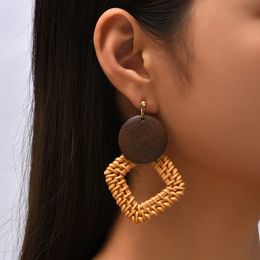 Simple Fashion Handmade Woven Square Vine Rattan Drop Earrings For Women Bohemia Boho Round Wooden Dangle Earring Jewellery Gifts