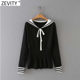 Zevity Women Preppy Style Color Matching Bow Tie Knitting Sweater Female Chic Elastic Waist Ruffles Pullovers Tops S637 210603