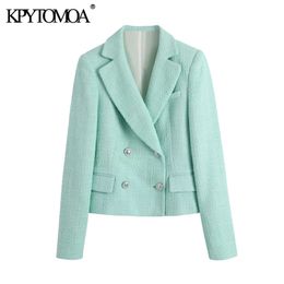 KPYTOMOA Women Fashion Double Breasted Cropped Tweed Blazer Coat Vintage Long Sleeve Pockets Female Outerwear Chic Veste 211006