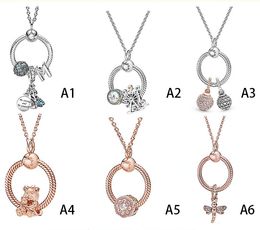 Genuine S925 Sterling Silver Fit Pandora Couple Necklace Rose Gold Fashion All-match Clavicle Chain Love Heart Blue Crysta Charm For Beads Charms
