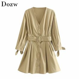 Women Elegant Vintage Pleated Mini Dress With Belt Pockets V Neck Bow Tie Sleeve A-line Party Solid Stylish es 210515