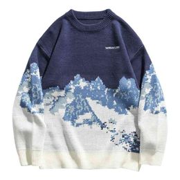 Autumn Winter Snow Mountain Letter print Knitted sweater men Long sleeve O neck blue black Pullover Oversized Male sweaters 210812
