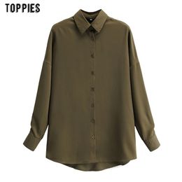 Woman Shirts Army Green Long Blouses Oversized Boyfriend Style Ladies Tops Sleeve 210421