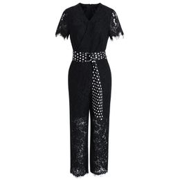 Black White Short Sleeve V Neck Lace Jumpsuits Wide Leg Ankle-length Pants Summer Sash Pocket Office Lady J0081 210514