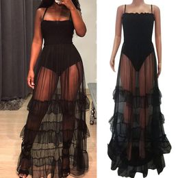 Women's Swimwear Plus Size Boho Ruffles Maxi Dress Summer Bikini Cover-Ups Beach Evening Party Sleeveless Tulle Long Sundress Beachwear