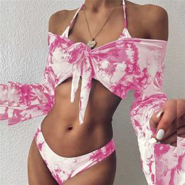 Leopard Swimsuit Sexy Bikinis 2021 Women Summer Beach Bathing Suit Women Long Sleeve Sunscreen Triangle Bikini Set Women Y0820