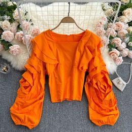 SINGREINY Women Korean Short Blouse Design Puff Sleeve Square Collar Slim Tops Spring Fashion Casual Streetwear Split Blouses 210419