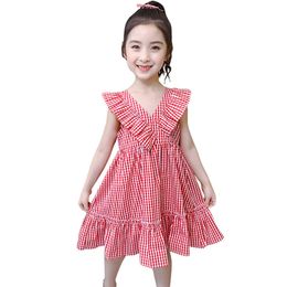 Dresses For Girls Plaid Pattern Girl Party Ruffles Child Casual Style Summer Clothes 210528