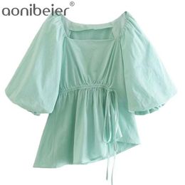 Green Asymmetric Tops Summer Fashion Puff Sleeve Ruched Drawstring Design Women Casual Blouses Female Pullovers 210604