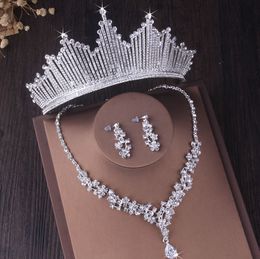 Luxury Silver Colour Crystal Bridal Wedding Cubic Zircon Crown Tiaras Earrings Necklace African Beads Jewellery Set