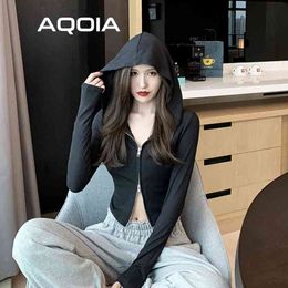 Gothic Style Zipper Women Sweaters Korea Slim Black Knit Woman Hooded Sweater Winter Fashion Female Cardigans Clothing 210521